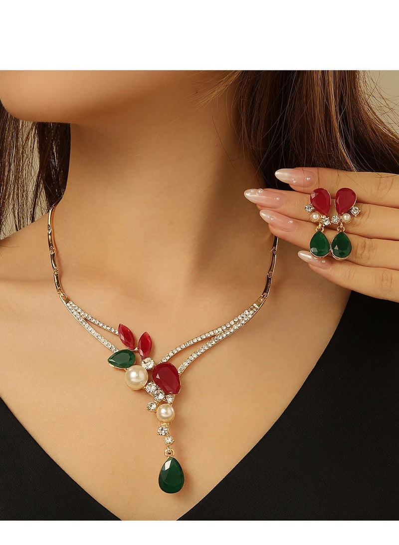 Elegant Vintage Golden Alloy Pearl Necklace and Earrings Set, Pearl Jewelry Set with Red & Green Gemstone Accents, Necklace Pendant and Earrings, Stunning, Bridal  - Image 1