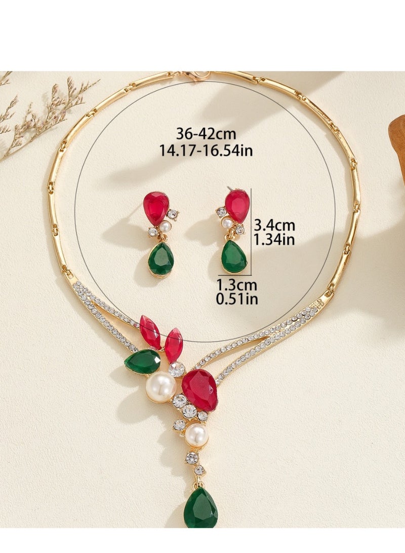 Elegant Vintage Golden Alloy Pearl Necklace and Earrings Set, Pearl Jewelry Set with Red & Green Gemstone Accents, Necklace Pendant and Earrings, Stunning, Bridal  - Image 2