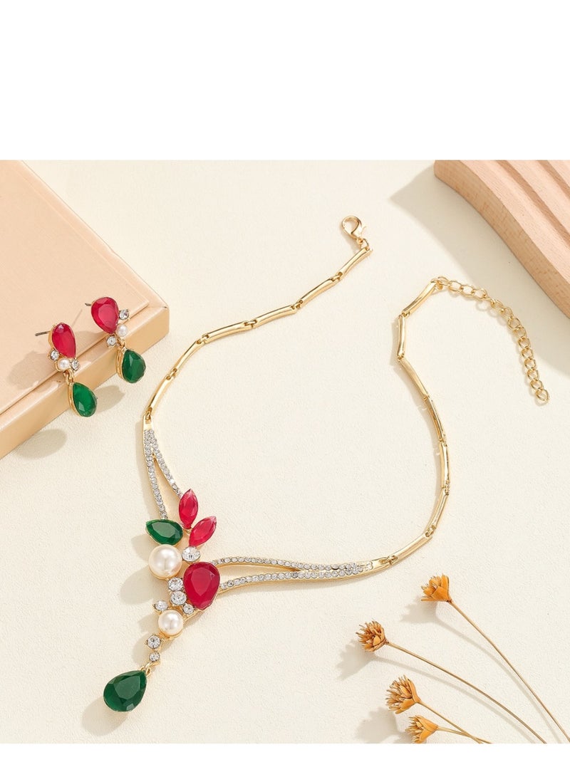 Elegant Vintage Golden Alloy Pearl Necklace and Earrings Set, Pearl Jewelry Set with Red & Green Gemstone Accents, Necklace Pendant and Earrings, Stunning, Bridal  - Image 3