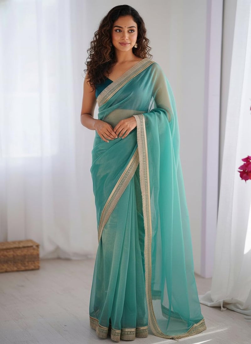 Yashika Women's Organza Plain Lace Border Saree | Teal Color Saree | Women Sari | Saree_(AZ-YS-OG3-DILBAR RAMA) - Image 3