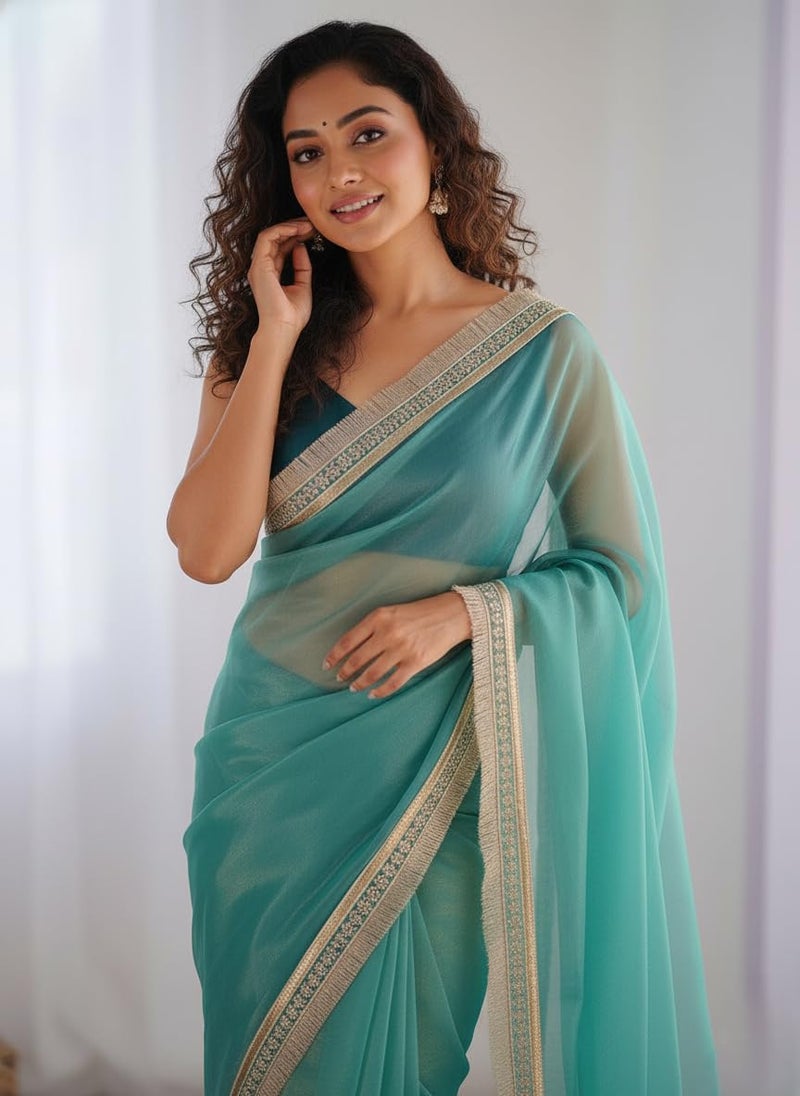 Yashika Women's Organza Plain Lace Border Saree | Teal Color Saree | Women Sari | Saree_(AZ-YS-OG3-DILBAR RAMA) - Image 2