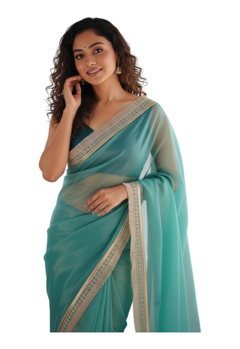 Yashika Women's Organza Plain Lace Border Saree | Teal Color Saree | Women Sari | Saree_(AZ-YS-OG3-DILBAR RAMA) - Image 1