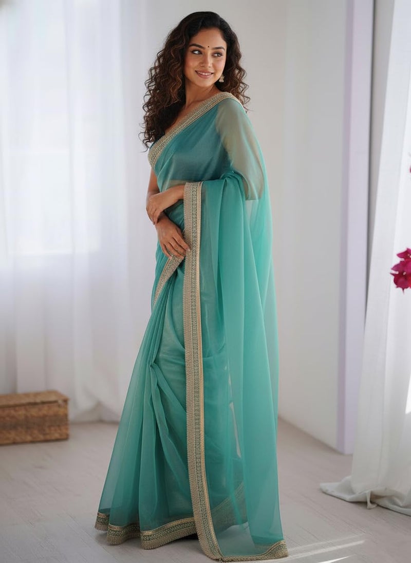 Yashika Women's Organza Plain Lace Border Saree | Teal Color Saree | Women Sari | Saree_(AZ-YS-OG3-DILBAR RAMA) - Image 4