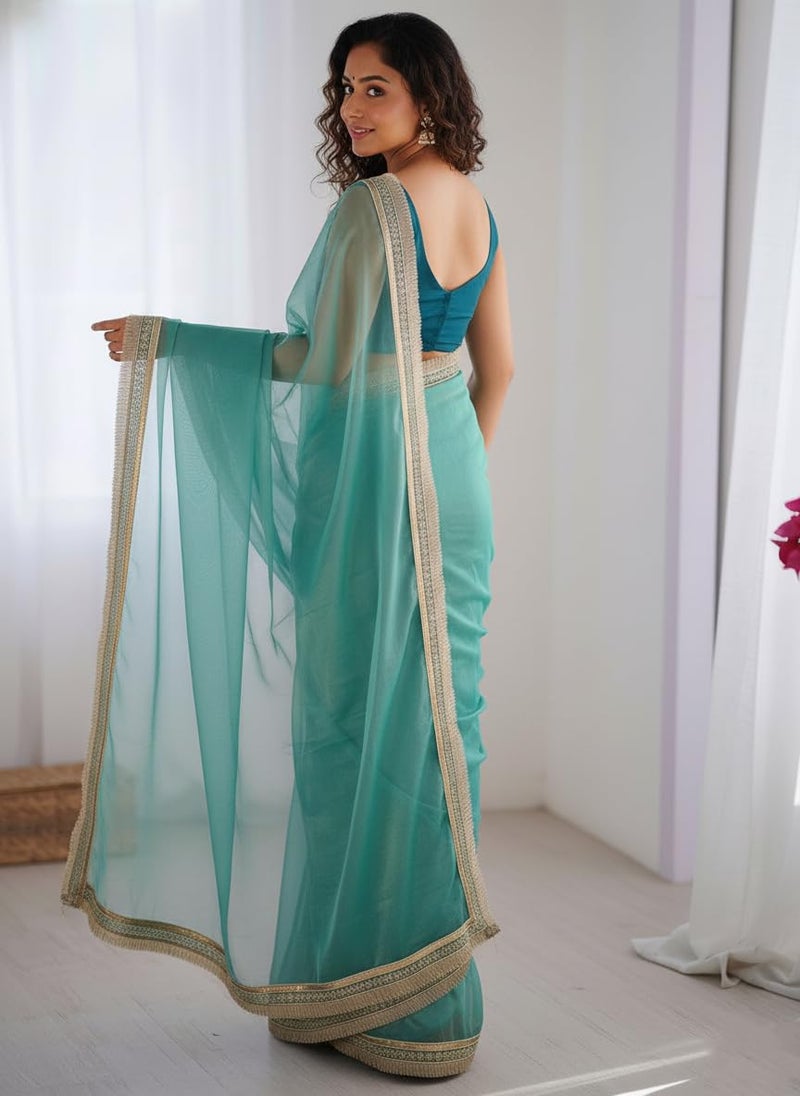 Yashika Women's Organza Plain Lace Border Saree | Teal Color Saree | Women Sari | Saree_(AZ-YS-OG3-DILBAR RAMA) - Image 5