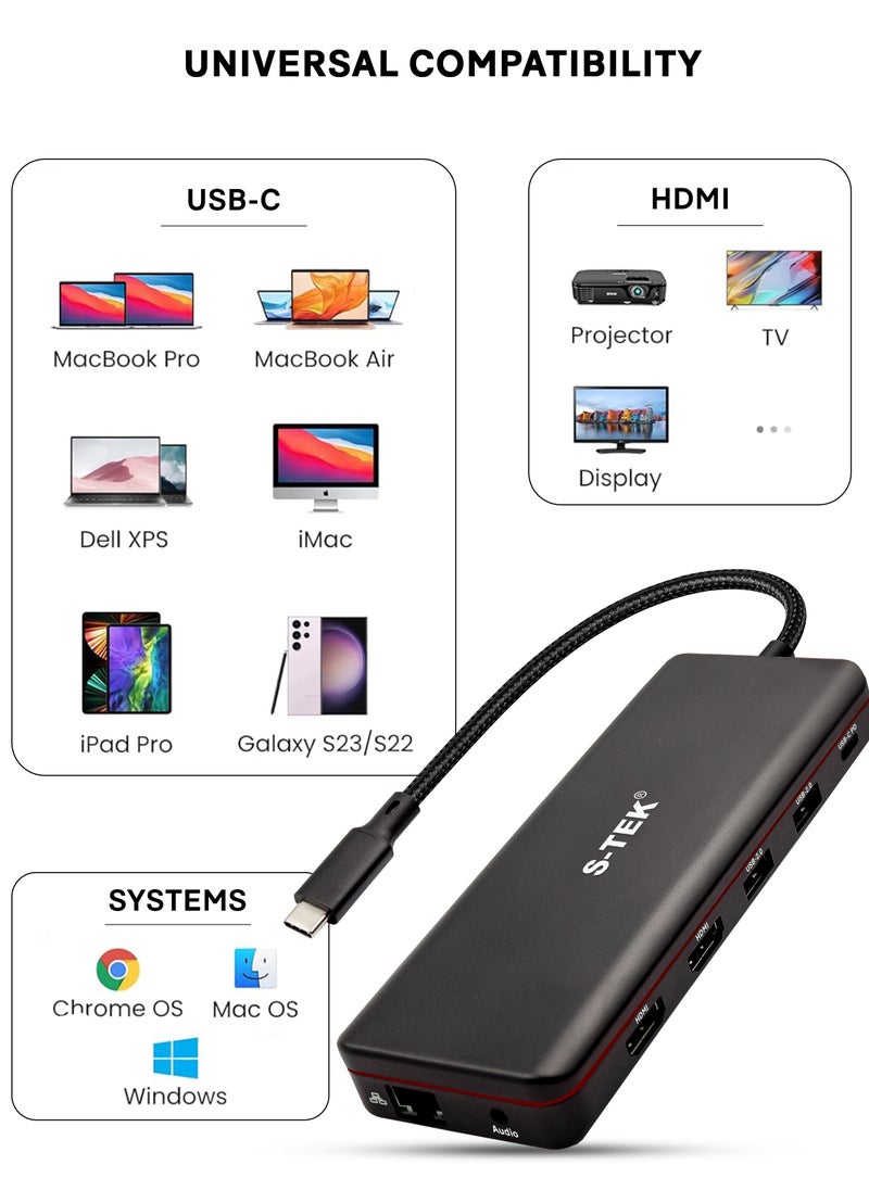 S-TEK - S-TEK 12 in 1 USB C Docking Station with Dual HDMI Ports 4K 30Hz, DisplayPort 4K 30Hz, Multiport Adaptor with 2 x USB 3.0, 2 x USB 2.0, PD 100W Charging, Ethernet 1000 Mbps, SD Card, TF Card, Aux - Image 1