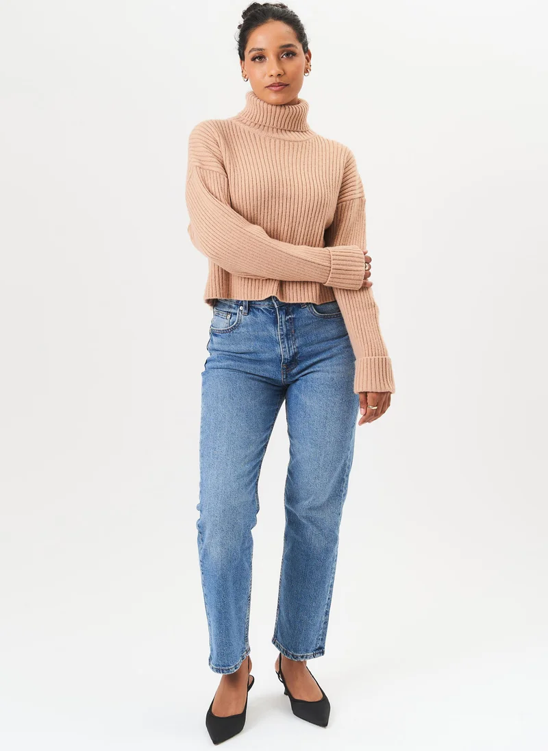 Camel High Neck Chunky Knit Crop Jumper
