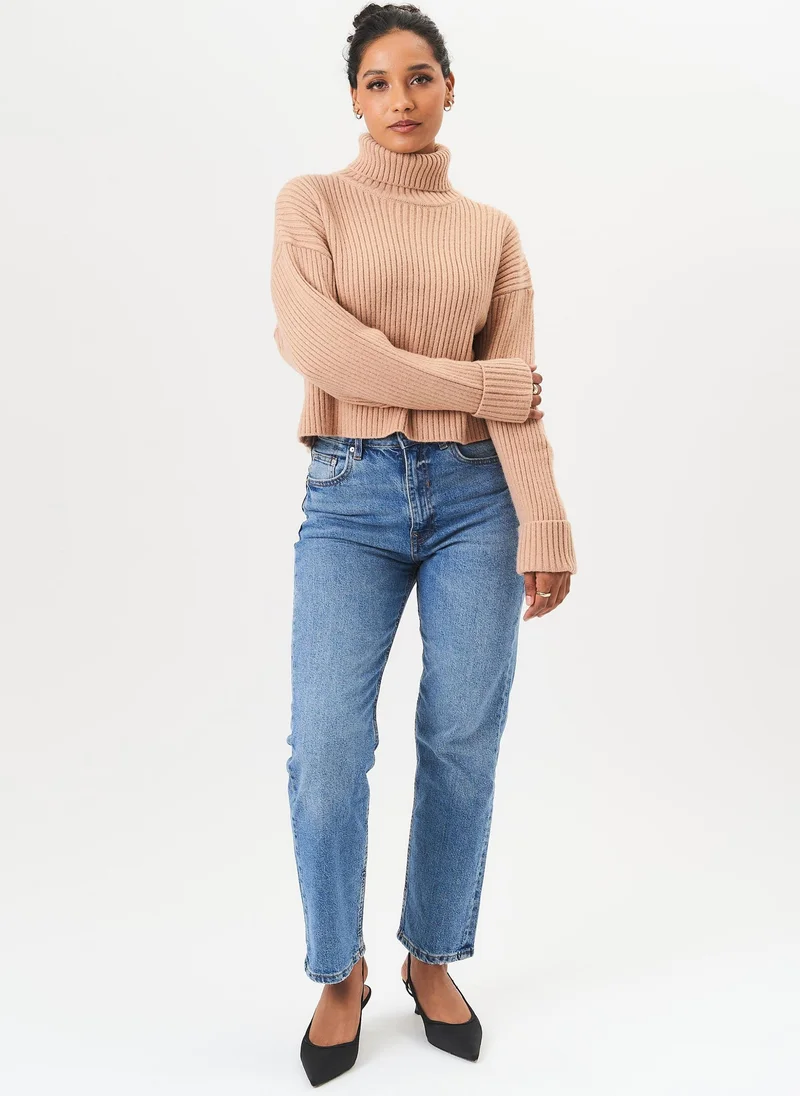 Gini London  Camel High Neck Chunky Knit Crop Jumper for Women | Best Price UAE