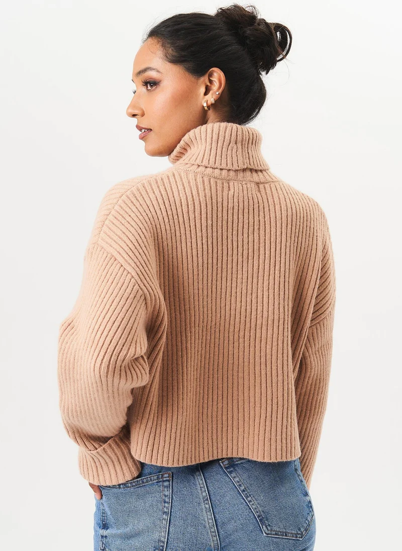 Gini London  Camel High Neck Chunky Knit Crop Jumper for Women | Best Price UAE
