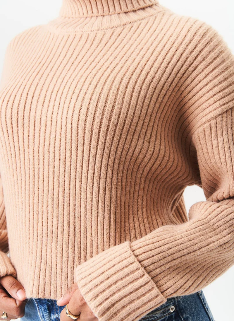 Gini London  Camel High Neck Chunky Knit Crop Jumper for Women | Best Price UAE
