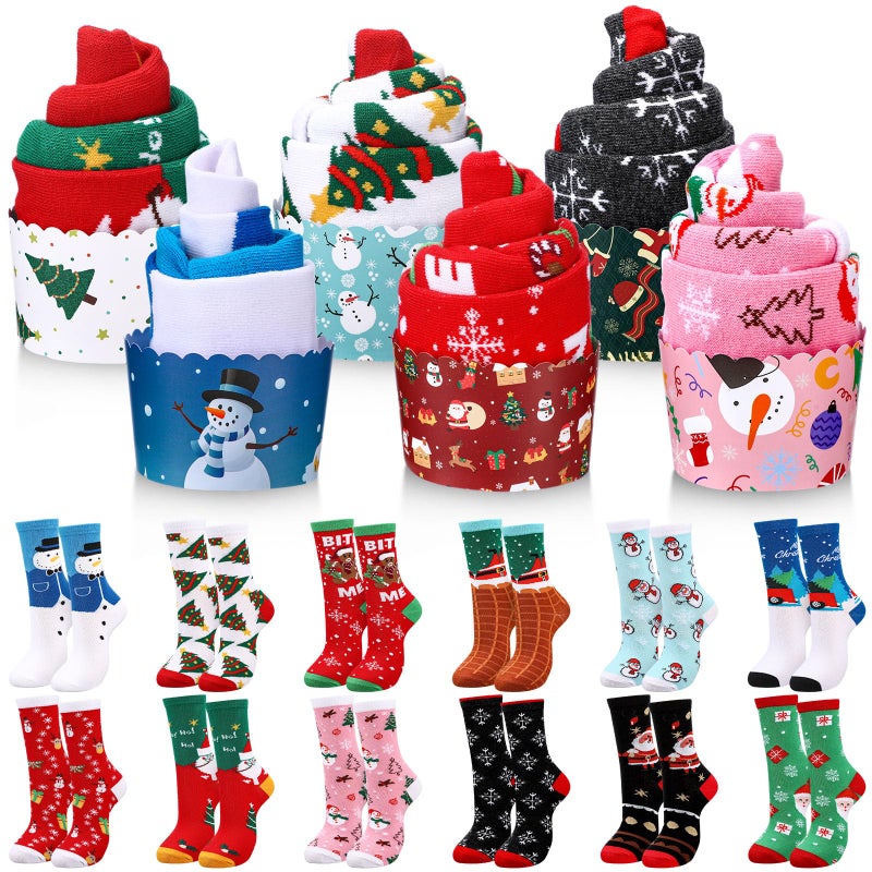 Suhine 12 Pairs Green Fuzzy Socks for Women Cozy Bulk Sock in Cupcake Gift St Patricks Day Sock Stocking StuffersChristmas SnowmanRed and Green - Image 2