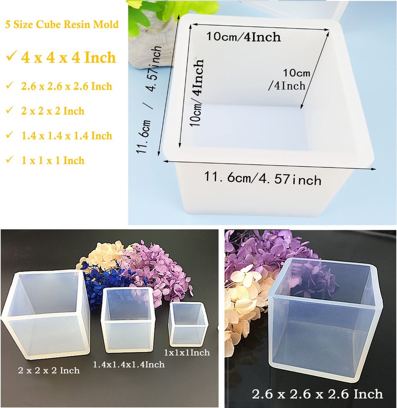 ModWgGuo 5 Pieces Cube Resin Mold (4", 2.6", 2", 1.4", 1") - Square Silicone Molds for Candle Soap Making, Jewelry Holder, Insect Specimen - 4 Inches - Image 2