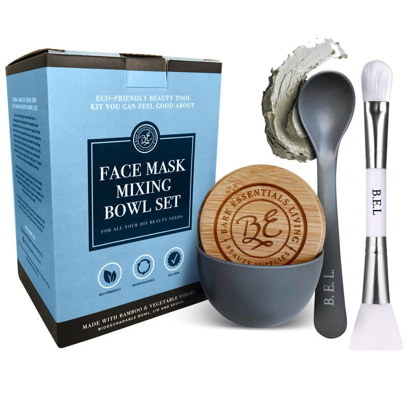 Bare Essentials Living مجموعة وعاء خلط قناع الوجه من بار إيسينشالز ليفينغ - مجموعة العناية بالبشرة مع غطاء من الخيزران، ملعقة قناع الوجه، وفرشاة تطبيق قناع الوجه ذات الجانبين لعمل قناع الطين، والعلاجات، والشعر (رمادي) - Image 1