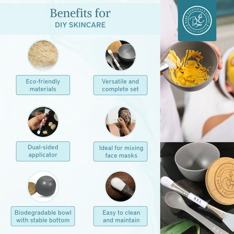 Bare Essentials Living مجموعة وعاء خلط قناع الوجه من بار إيسينشالز ليفينغ - مجموعة العناية بالبشرة مع غطاء من الخيزران، ملعقة قناع الوجه، وفرشاة تطبيق قناع الوجه ذات الجانبين لعمل قناع الطين، والعلاجات، والشعر (رمادي) - Image 3