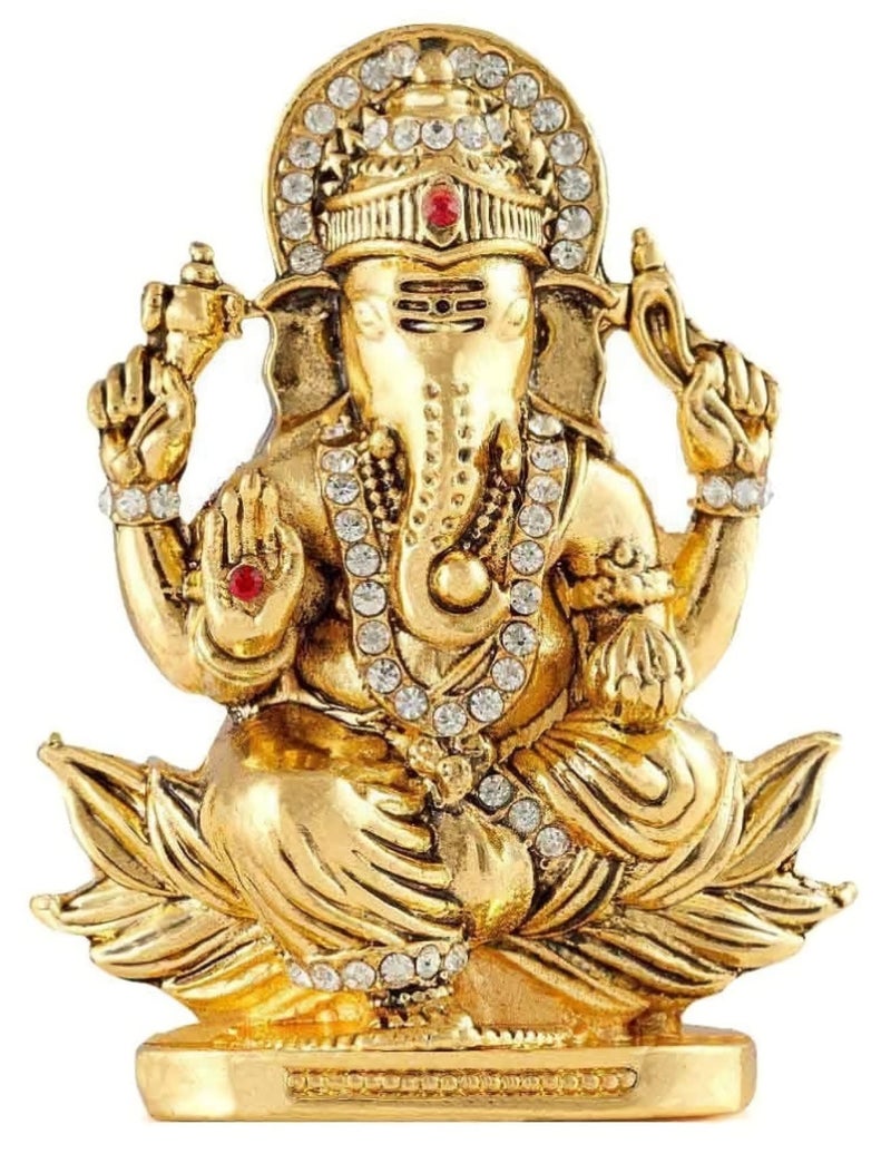 GCT Lord Ganesh Idol Ganesha Sitting on Lotus Statue Ganpati Vinayaka Murti (B-155) Gold Metal Statue for Home Décor Car Dashboard Mandir Pooja Murti Temple Puja Office Table Showpiece - Image 3