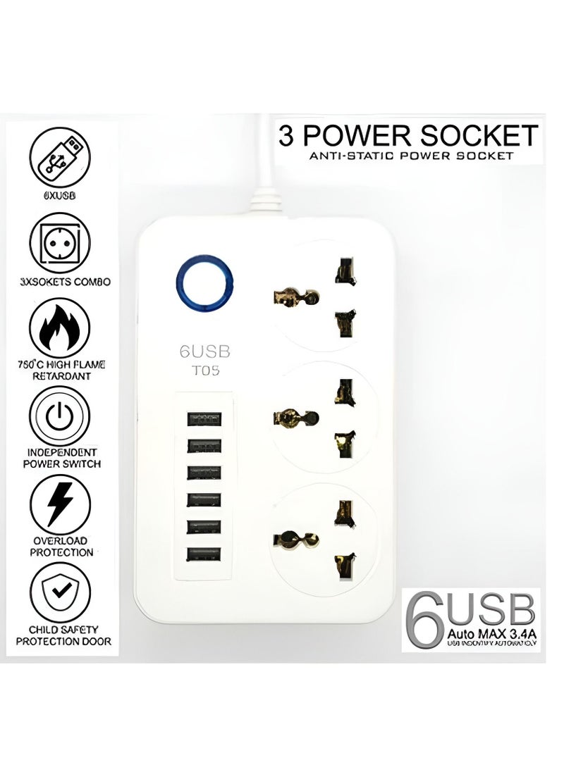 Generic Extention Board 3 Socket 6 USB Port Universal Plug Extension White 150x97x30mm  - Image 3