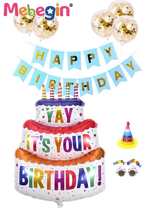 MEBEGIN 3 Tier Cake Shape Birthday Balloons Set for Birthday Decorations include 63*102cm Ballons,Happy Birthday Banner Gold Confetti Balloons,Glasses and Hat,Party Decoration for Boys Girls  - Image 3