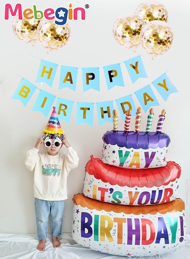 MEBEGIN 3 Tier Cake Shape Birthday Balloons Set for Birthday Decorations include 63*102cm Ballons,Happy Birthday Banner Gold Confetti Balloons,Glasses and Hat,Party Decoration for Boys Girls  - Image 1
