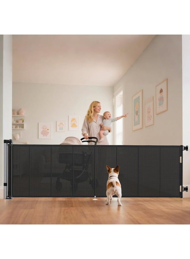 Miumoon 100 inch Retractable Baby Gates 34 inch Tall, Retractable Gate with Reinforced Strip Design to Prevent Crawling Through, 8 FT Extra Wide Retractable Dog Gate for Indoor/Outdoor - Image 1