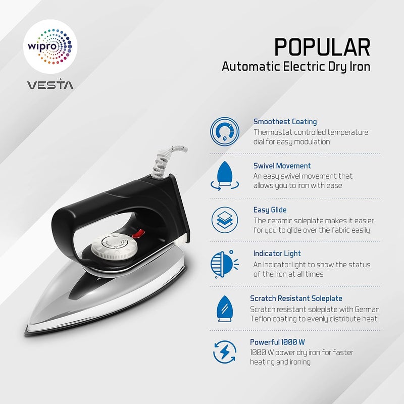 Wipro GD101 Popular 1000 watts Electric Dry Iron Lightweight Chrome finish Anti bacterial German Weilburg Double Coated Soleplate Quick Heat Up Stylish Sleek Aluminium 2 Years Warranty Black - Image 2
