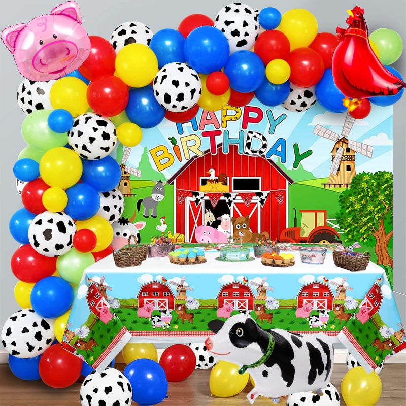 Golray 91Pcs Farm Animals Party Decorations Supplies, Farm Barn Animal Backdrop Farmhouse Decor Tablecloth Cow Print Horse Balloon Arch Garland Kit 1st Baby Shower Birthday Party Supply for Kids Girls - Image 1