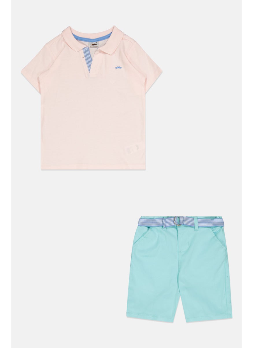 Little Gent Toddlers Boy 2 Pcs Embroidered Logo Polo Shirt And Belted Short Set, Multicolor  - Image 1