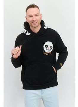 Men Hooded Embroidered Long Sleeves Sweatshirt, Black