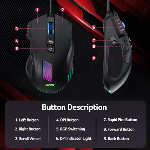 acer Wired Gaming Mouse, 12,800 DPI RGB Ergonomic Computer Mouse with Optical Sensor, 8 Programmable Buttons, 12 Backlit Modes, Software for DIY Keybinds, Rapid Fire, USB Gaming Mice for Laptop, PC - Image 4