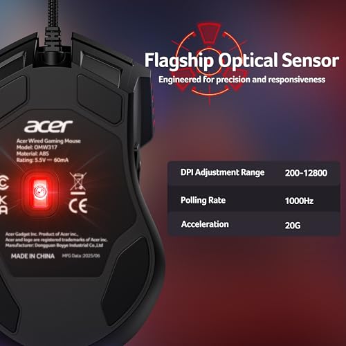 acer Wired Gaming Mouse, 12,800 DPI RGB Ergonomic Computer Mouse with Optical Sensor, 8 Programmable Buttons, 12 Backlit Modes, Software for DIY Keybinds, Rapid Fire, USB Gaming Mice for Laptop, PC - Image 2