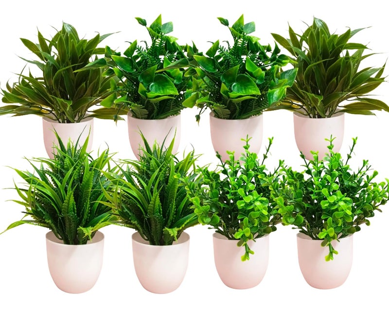 Dekorly Artificial Potted Plants, 8 Pack Artificial Plastic Eucalyptus Plants Small Indoor Potted Houseplants, Small Faux Plants for Home Decor Bathroom Office Farmhouse (Multi-A) - Image 1
