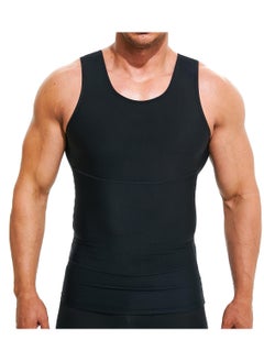 Men Compression Shirt Slimming Body Shaper Vest Tummy Control Shapewear Abdomen Undershirt, Black-L