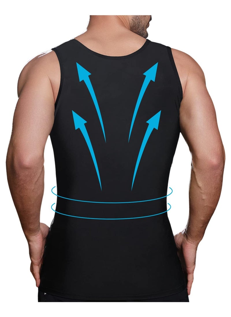 S SYMEFER - Men Compression Shirt Slimming Body Shaper Vest Tummy Control Shapewear Abdomen Undershirt, Black-L - Image 1