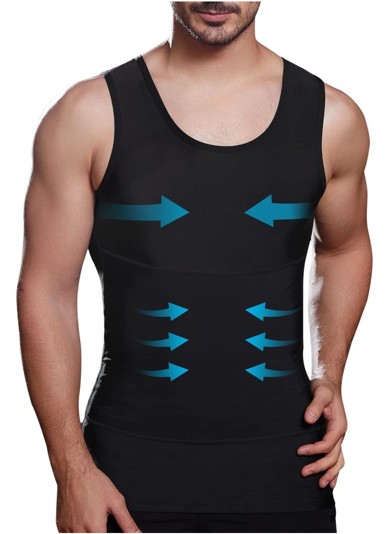 S SYMEFER - Men Compression Shirt Slimming Body Shaper Vest Tummy Control Shapewear Abdomen Undershirt, Black-L - Image 1