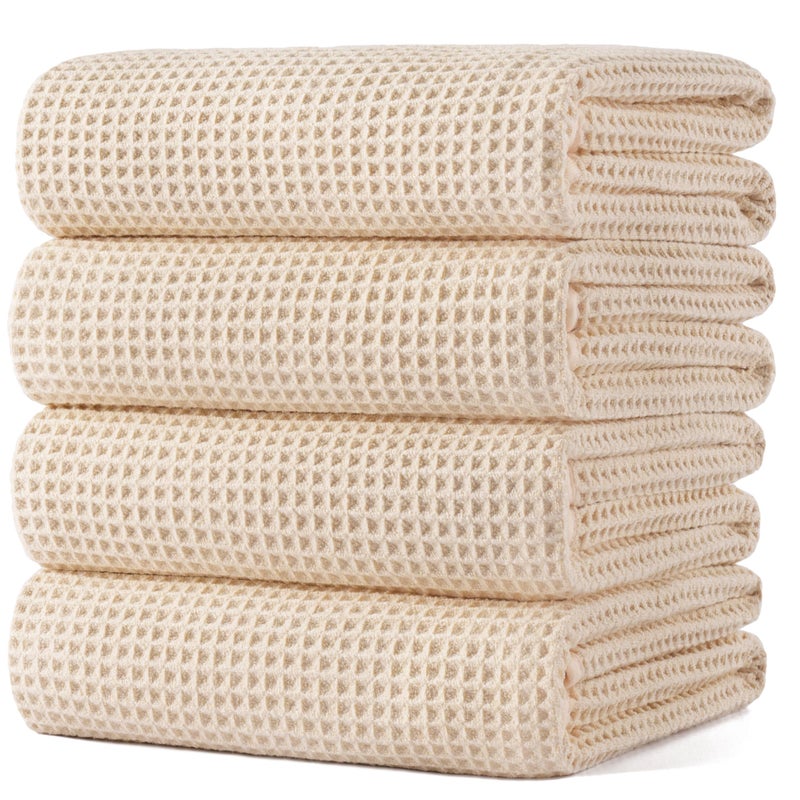 POLYTE 430 GSM Microfiber Oversize Quick Dry Lint Free Bath Towel, 60 x 30 in, 4 Pack (Waffle Weave) - Image 1