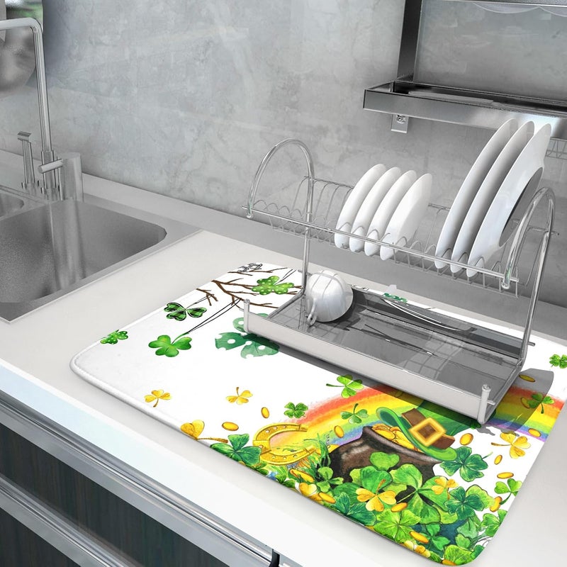 Giwawa St Patrick Dish Drying Mat Large Lucky Clover Tree Shamrock Dish Drainer Mats 18x24inch Spring Elf Hat Rainbow Colorful Fast Drying Absorbent Dish Drying Pad for Kitchen Counter Decor - Image 5
