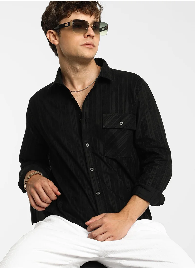 Campus Sutra Men's Midnight Black Multitrack-Striped Shirt