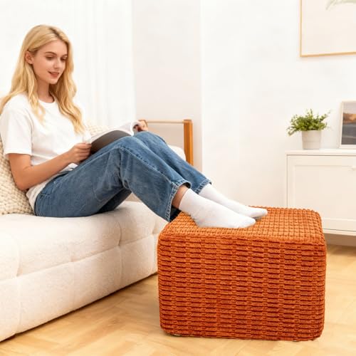 Asuprui Round Square Pouf Ottoman Foot Rest – Lightweight Modern Footstool with Plush Foam Filling, Perfect for Living Room Decor & Cozy Comfort – 20x20x14 Inch Chic Accent Piece (Burnt Orange) - Image 2