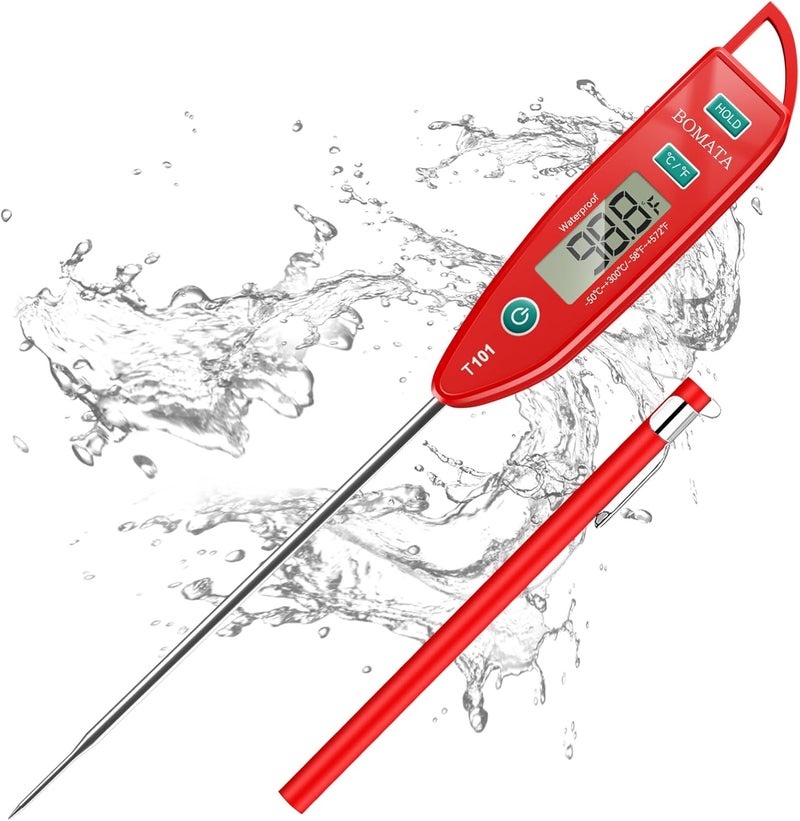 BOMATA Waterproof IPX7 Thermometer for Water, Liquid, Candle and Cooking. Instant Read Food Thermometer with Long Probe for Cooking, Meat, BBQ! T101 (Red Color)……… - Image 1