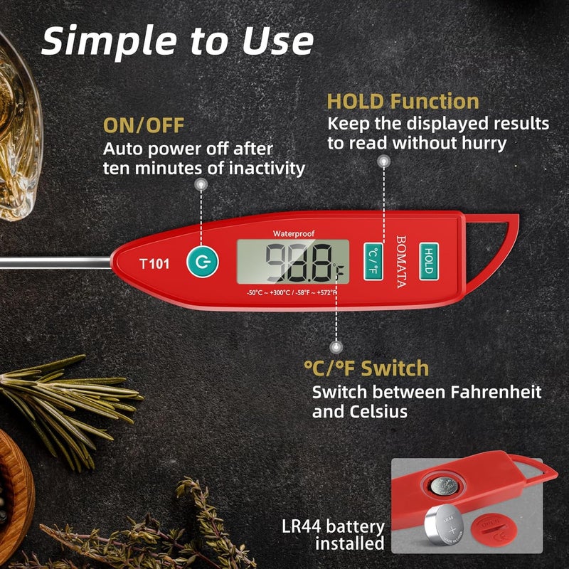 BOMATA Waterproof IPX7 Thermometer for Water, Liquid, Candle and Cooking. Instant Read Food Thermometer with Long Probe for Cooking, Meat, BBQ! T101 (Red Color)……… - Image 5
