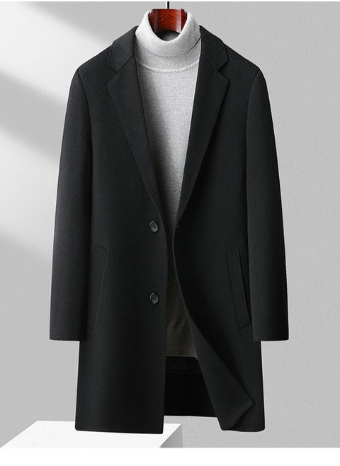 Men's Double-Sided Woolen Casual Coat With Detachable Goose Down Inner Lining Long Jacket Overcoat With Pockets Black