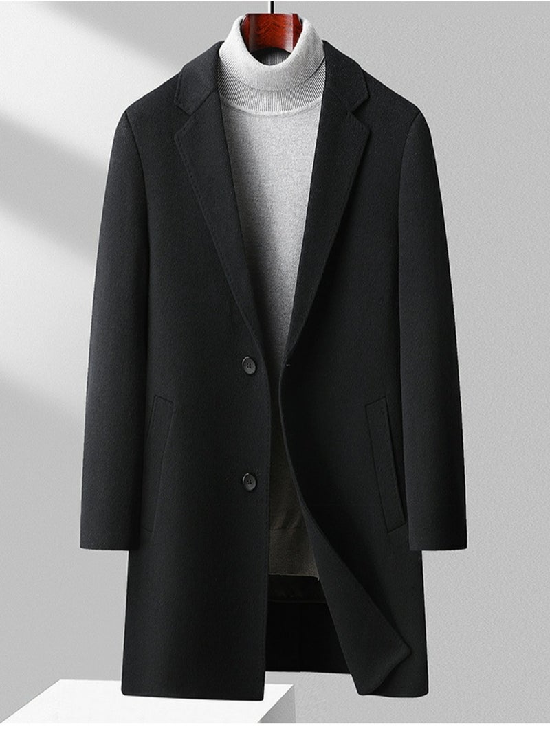 Men's Double-Sided Woolen Casual Coat With Detachable Goose Down Inner Lining Long Jacket Overcoat With Pockets Black