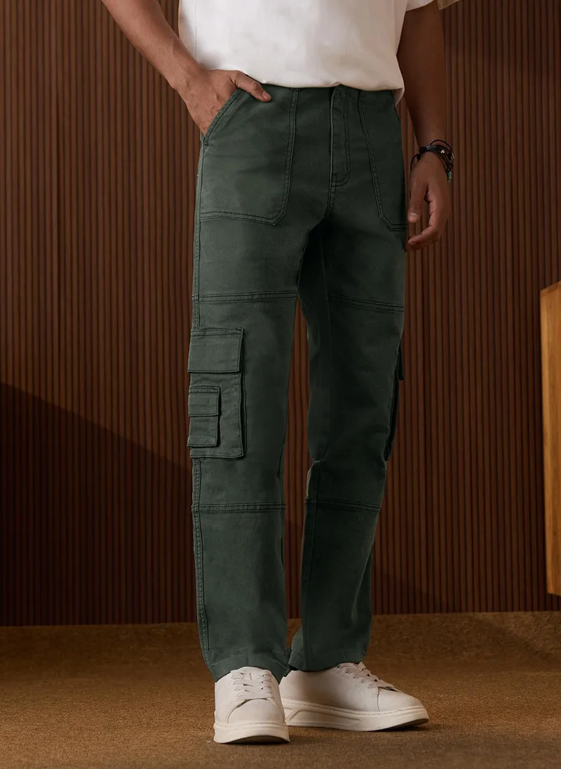 The Souled Store Men Greenlake Solid Straight Fit Cargo Jeans