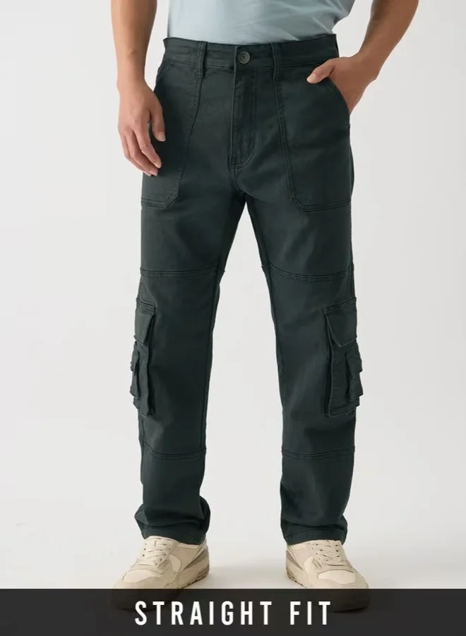 The Souled Store Men Greenlake Solid Green Straight Fit Cargo Jeans