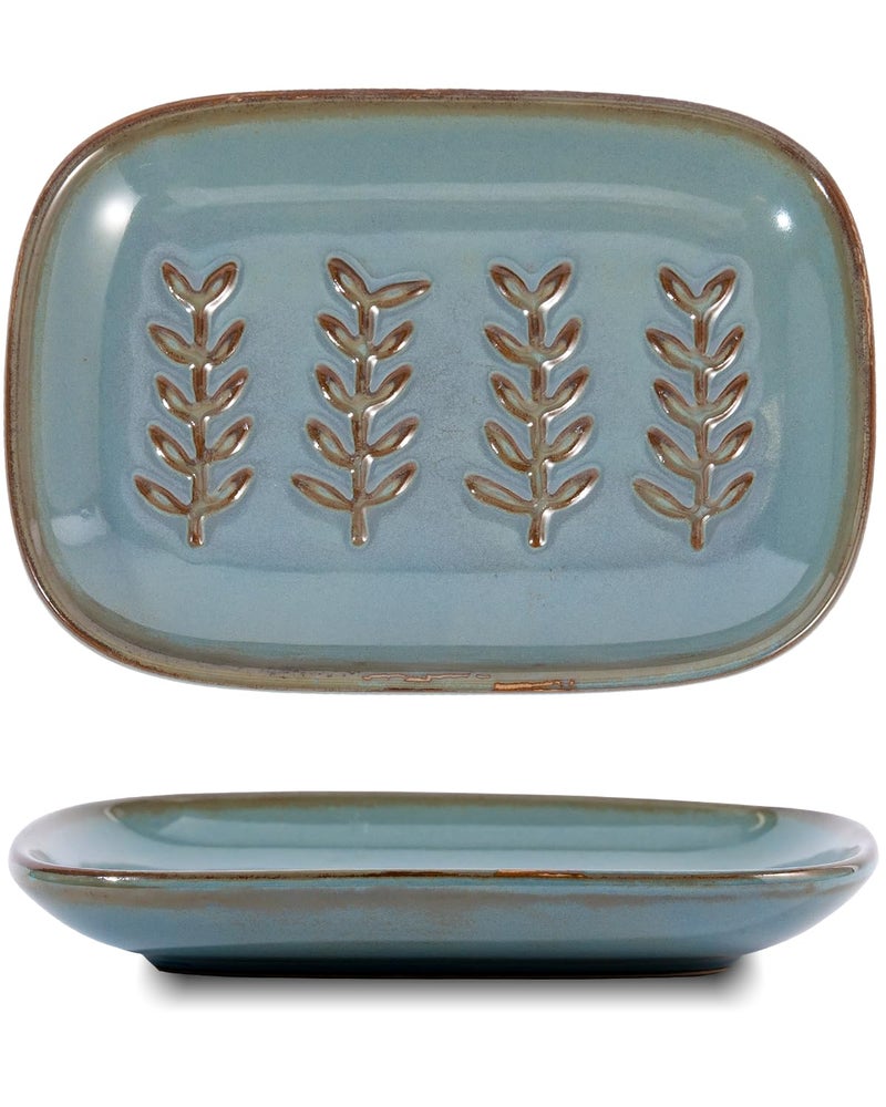 HighHerz Aesthetic Ceramic Soap Dish for Shower, Soap Holder with Raised Relief, Shower Soap Dish for Shampoo Bar Or Sponge, Soap Saver for Bathroom, Kitchen, Sink, Decorative Soap Tray (Blue) - Image 1