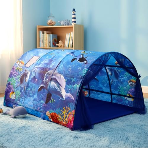 Wowangce Ocean Bed Tent for Kids Large Kids Twin Tent Toddler Play Bed with Carry Bag Foldable for Girls Boys Bedroom Indoor Games - Image 1