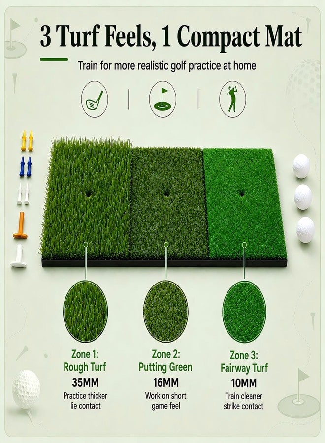 CalmBloom Golf Practice Mat 3-in-1 Turf Golf Hitting Mat for Swing, Putting & Chipping | Portable Golf Training Mat Indoor/Outdoor, Golf Mat with 8 Tees - Image 4
