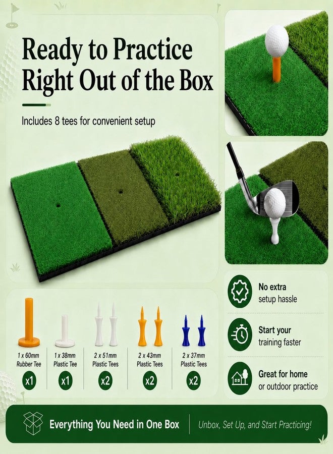 CalmBloom Golf Practice Mat 3-in-1 Turf Golf Hitting Mat for Swing, Putting & Chipping | Portable Golf Training Mat Indoor/Outdoor, Golf Mat with 8 Tees - Image 3