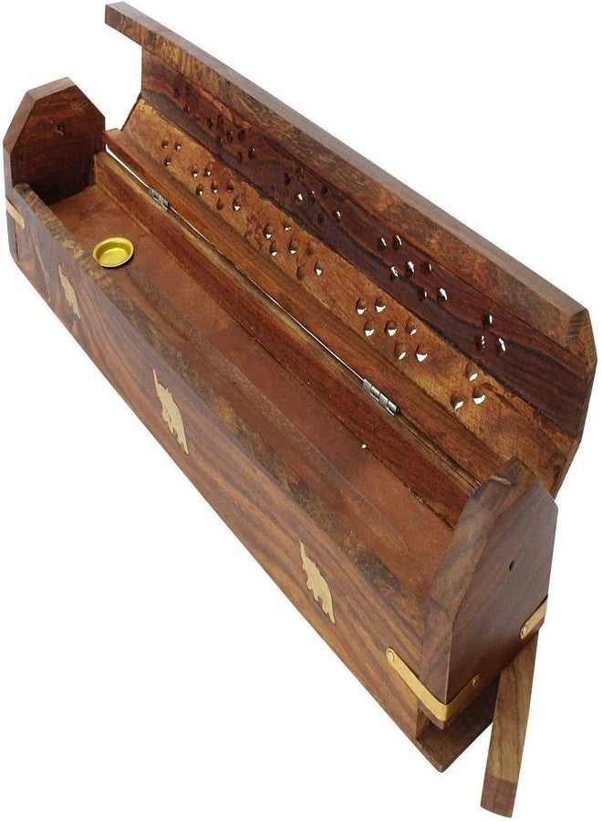 Dinil Wooden Coffin Incense Burner Handmade - 12" – Rustic Brown Finish –Elegant Design with Storage Compartment – (Elephant) - Image 2