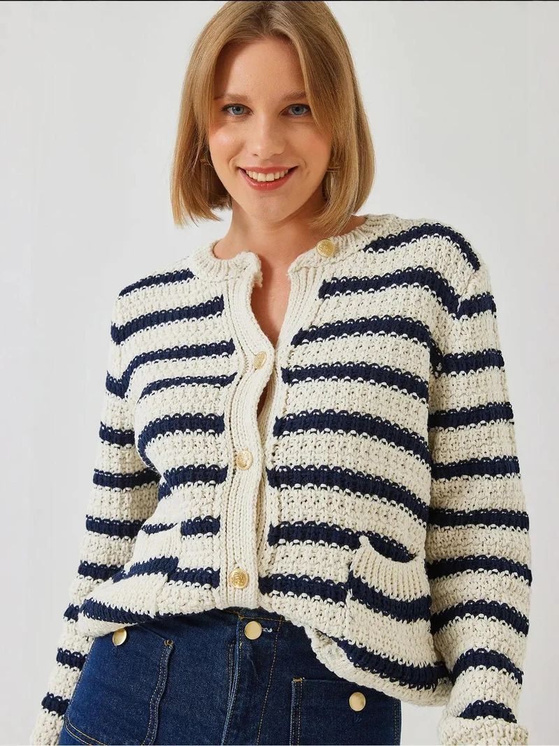 LUCCI Striped Button-Up Knit Cardigan