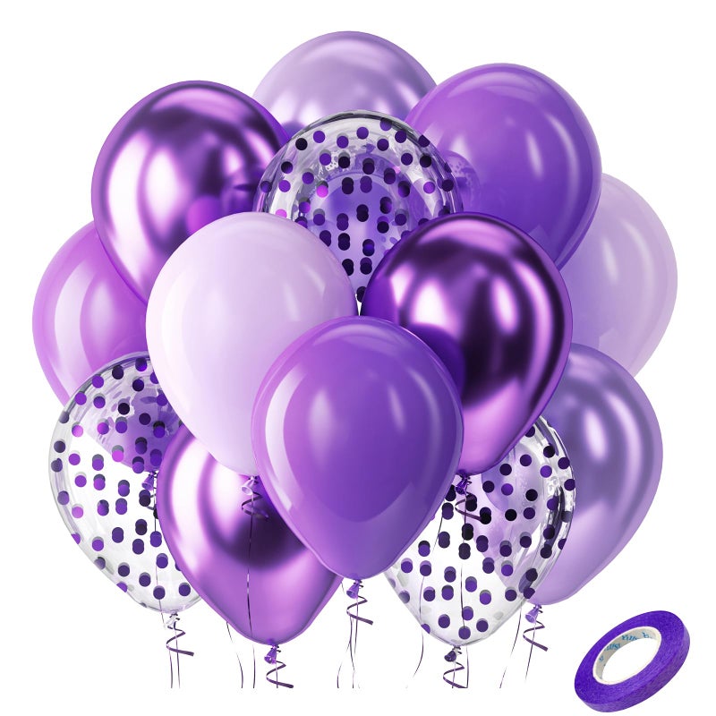 Bezente Purple Latex Balloons Kit, 60pcs 12 inch Dark Purple Metallic Chrome Confetti Lavender Lilac Balloons for Women Birthday Wedding Baby Bridal Shower Halloween Themed Party Decorations - Image 1