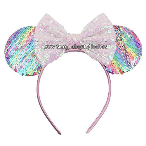 Foeran Mouse Ears Headbands Shiny Bows Mouse Ears Glitter Party Princess Decoration Cosplay Costume for Girls Women (Sequin rainbow-1) - Image 5